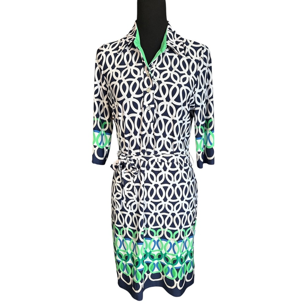 Sandra Darren Navy & Green Geometric Print, 3/4 Sleeve Dress, 8 Petite, Classic